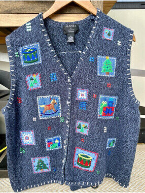 Planet & Company Woman Women’s 3X Knit Sweater Vest Gray V-Neck Christmas Tree